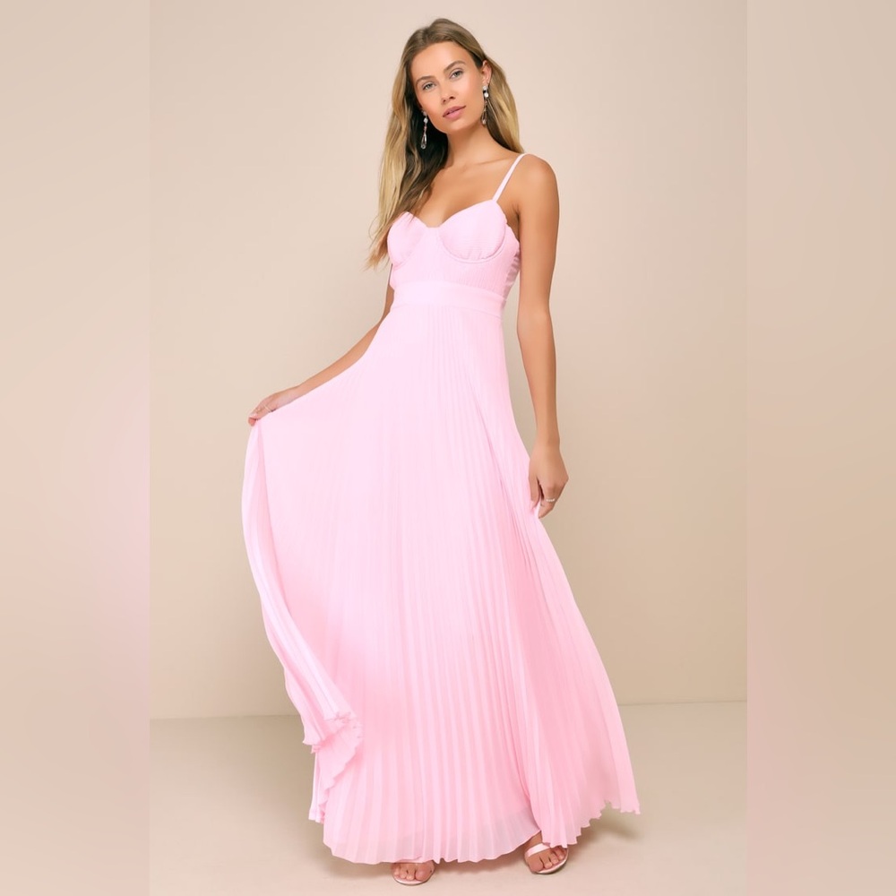 Lulus-Certainly Lovely Light Pink Pleated Bustier Maxi Dress (L)